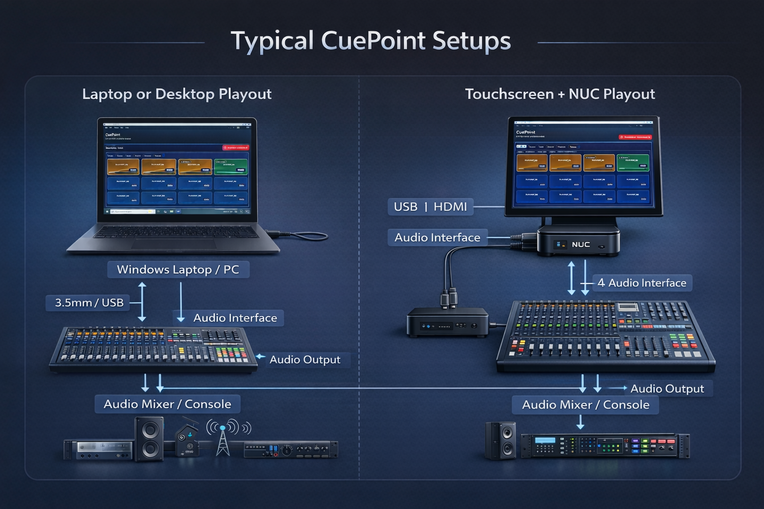 Typical CuePoint playout setups using laptop or touchscreen with NUC